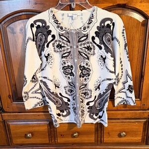 dressbarn Black & Gray Paisley Embroidered Cardigan
